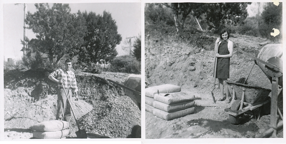 Two black and white photos of a man and woman standing next to a pile of dirt.