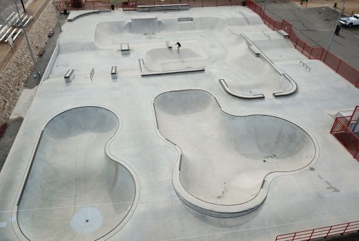 An aerial view of Ken Lindley Park's skatepark.