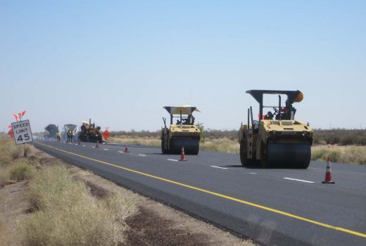 A group of construction workers are working on Yuma – Casa Grande Hwy (I-8) between Dateland and Aztec.