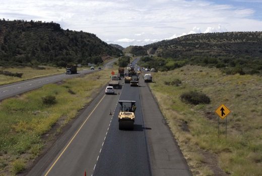 An aerial view of trucks driving on Cordes Jct – Flagstaff Hwy (I-17).