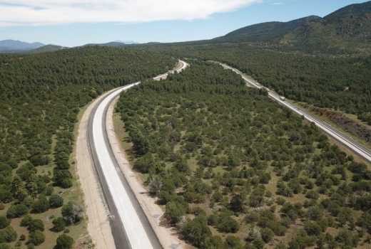 Aerial view of Ash Fork – Flagstaff Highway (I-40) in the mountains.