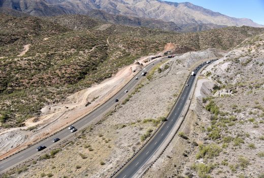 An aerial view of a highway in the mountains with Flex Lanes.