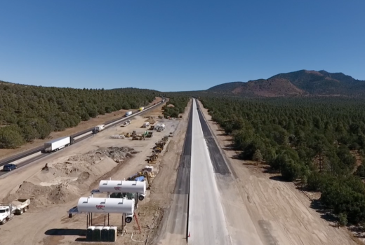 An aerial view of the Ash Fork – Flagstaff Highway (I-40) in the mountains.