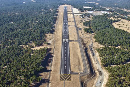 An aerial view of the Pulliam Airport Runway 3-21 Mill & Overlay Project in Flagstaff.