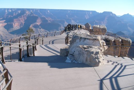 A walkway improvement project at the Grand Canyon's Mather Point includes a new metal railing.