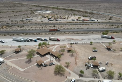 An aerial view of the I-10 Bouse Wash Rest Area in the desert.